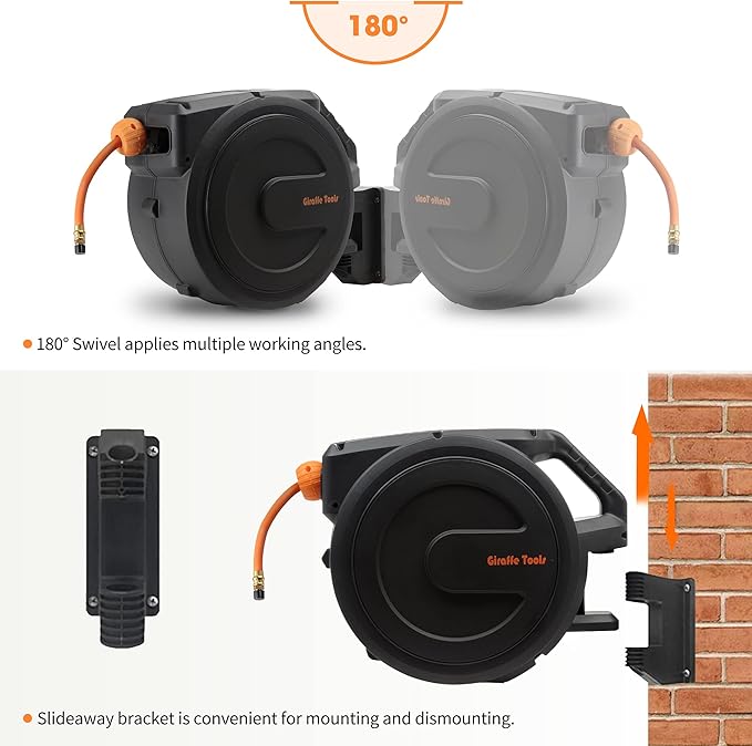 Giraffe Tools Retractable Air Hose Reel Enclosed with 3/8 in. x 50 ft Hybrid Hose, Lightweight Compressor Hose Reel Wall Mounted with 180째 Swivel Bracket, 300 PSI