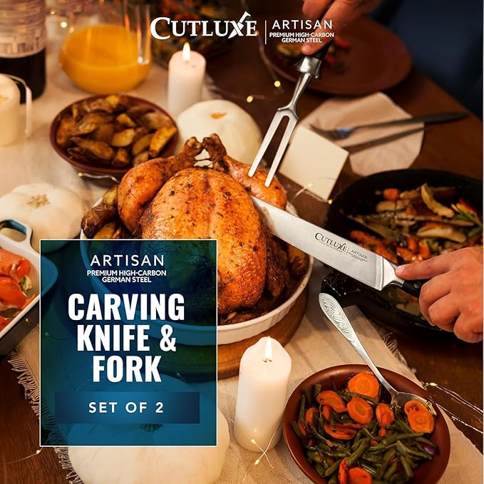 Cutluxe Turkey Carving Knife Set ??Carving Fork & Knife for Meat, BBQ, Brisket ??Razor Sharp Premium German Steel Full Tang, Ergonomic Handle, Grilling Gifts for Men ??Artisan Series