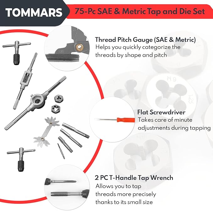 TOMMARS 75-Pc Tap and Die Set, SAE & Metric Hex Thread Taps Dies Wrench Metric Sizes M3 to M12 & Standard Sizes #4 to 1/2" Type NC NF NPT
