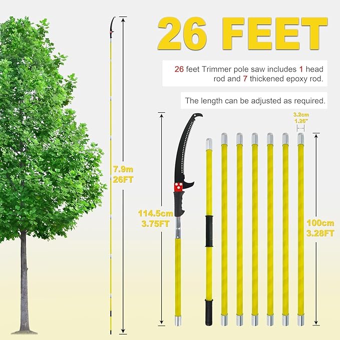 Manual pole saw,Tree Trimmer, Pole Pruning Saw, Pole Saws for Tree Trimming, Gardening Tools Pruner Hand Pole Saw For Yard(NO Scissor Head-Yellow 26FT)