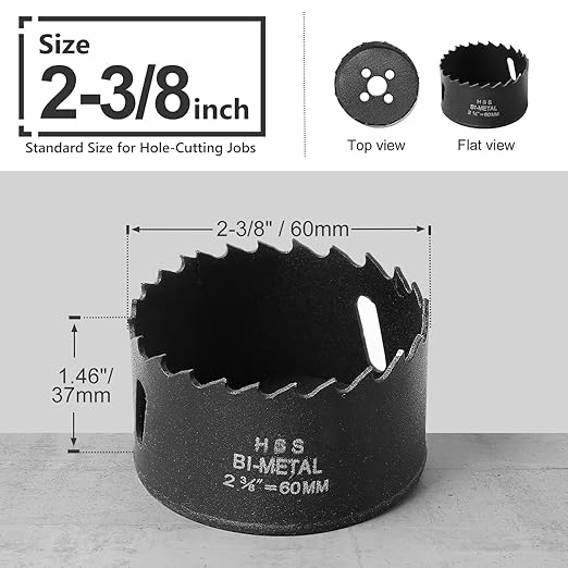 2-3/8 Inch Hole Saw with 3/8" Triangle Shank Quick Change Arbor, JTemgle Bi-Metal Hole Saw Heavy Duty Hole Cutting Tool for Cornhole Boards, Recessed Lights, Wood, Plastic, Drywall & Soft Metal