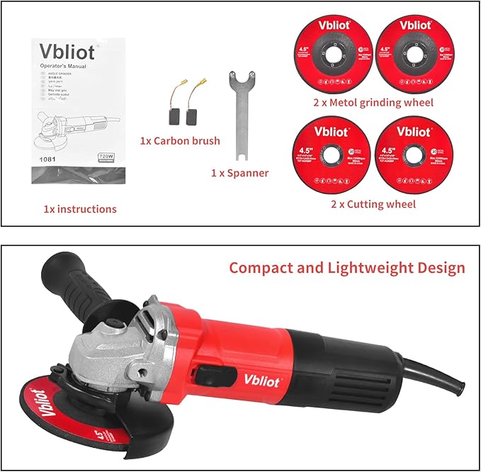 710W Electric Angle Grinder Tool 6A 4-1/2 Inch with 360 Rotational Guard 11000RPM Power Tool for Cutting and Grinding Metal Stone Wood Polishing, Red