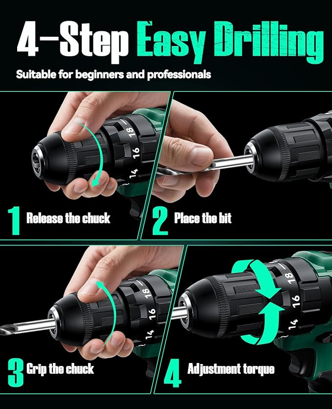 KIMO Cordless Drill Set with 20V 2.0Ah Battery 2 Packs, 0-1350 RPM, Max 350 In-lb Torque, 3/8" Keyless Chuck, 18+2 Clutch Setting, 18pcs Accessories, Power Drill for Drilling Wood Bricks Walls Metal