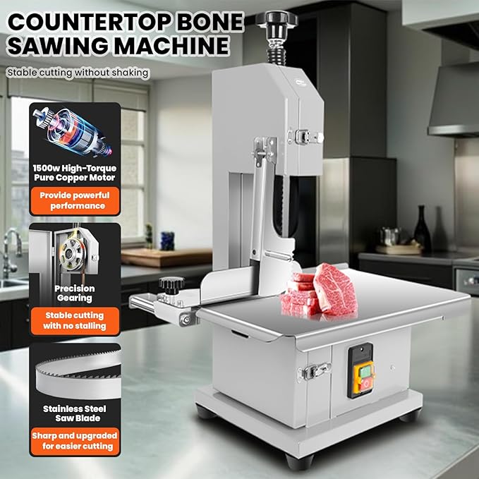 1500W Commercial Electric Meat Bandsaw, 19x14" Stainless Steel Worktable, Cuts 0.04-5.0" Thickness, Frozen Meat Cutter with 8 Blades Included, Electric Bone Saw Machine for Rib Pork Beef