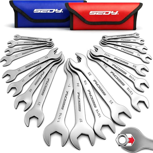 19-Piece Super Thin Open-End Wrench Set, SAE 1/4"-1-1/16" & Metric 5.5??7 mm, 3 mm Thickness Slim Wrench Set for Tight Spaces, Nickel Plated Flat Wrenches with Red & Blue Rolling Storage Pouches