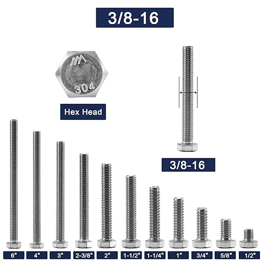 3/8-16 x 4 Hex Head Screw Bolt, 20Pcs 18-8 (304) Stainless Steel, Fully Threaded, Plain Finish, by SG TZH