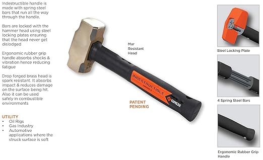 Groz 34702 12" Indestructible Brass Striking Hammer, 4 lb