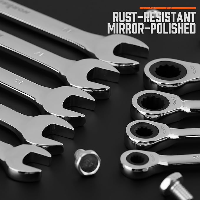 HORUSDY 24-Piece Ratcheting Wrench Set | Metric and SAE | Ratchet Combination Wrenches Set with Organizer | 72-Tooth | Chrome Vanadium Steel | 6-18 mm & 1/4??to 3/4??(24-Piece)