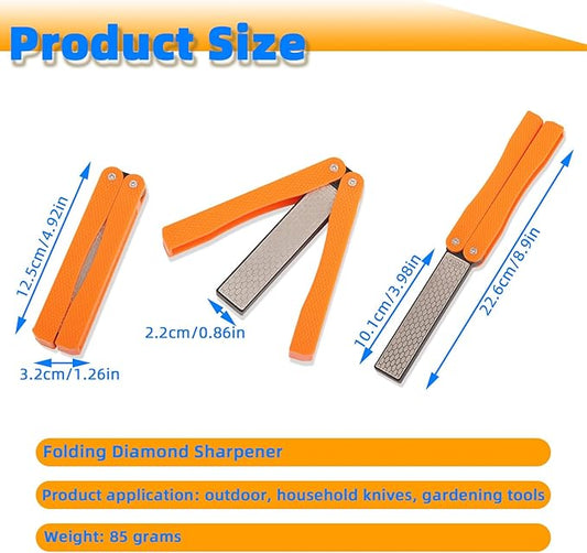 Knife Sharpener ??Orange/Black Pocket Portable Diamond Sharpening Stone, Two-sided 400/600 Grit, Folding Design for Outdoor and Home Use, Comes with a Blue Diamond Polishing Rod (Orange)