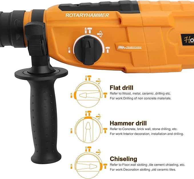 Hoteche 3-in-1 Rotary Hammer Drill 1-Inch SDS Plus Electric Hammer 6.7-Amp/800W Variable Speed Corded Power Hammer Drill Demolition Jack Hammer for Concrete with Extra 1/2 Chuck, Drill Bits & Chisels