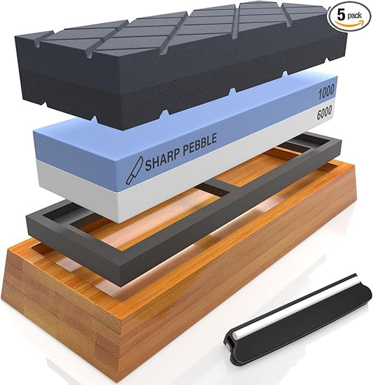 Sharp Pebble Two Side 1000/6000 Grit Knife Sharpening Stone and Large Dual Grit Flattening Stone with NonSlip Bamboo Base & Angle Guide