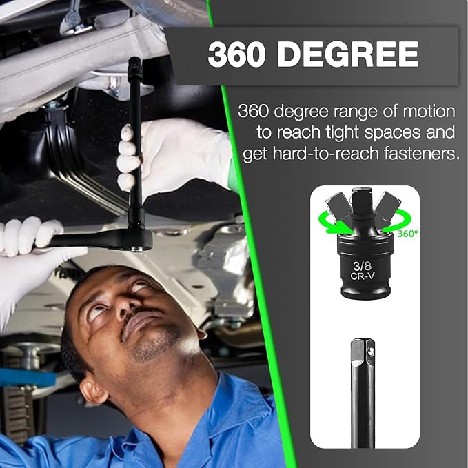 3/8" Drive Impact Socket Set 64-Piece, Deep & Shallow SAE (5/16"-1") & Metric (6-24mm), with 3/8-Inch Ratchet Handle, 6 Points,Cr-V, Extension Bars, Universal Joint, Gift for Men