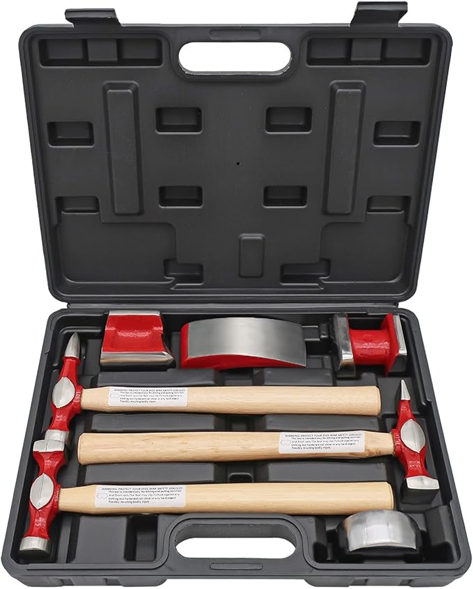 7 Piece Auto Body Repair Kit竊똇ammer and Dolly Tools with Carbon Steel on Wood Handles,Performance Heavy Duty Dollies Set,Roller Fixer Dent Remover Tool.