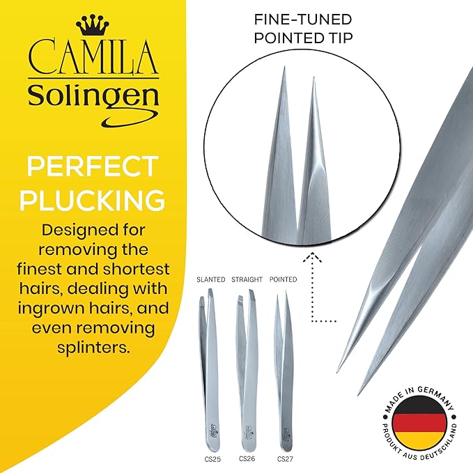 CS27 4" Professional Surgical Grade Stainless Steel Precision Tip Eyebrow Tweezers for Facial Hair Shaping & Removal. Beauty Tool for Men/Women. Made in Solingen Germany (Pointed)