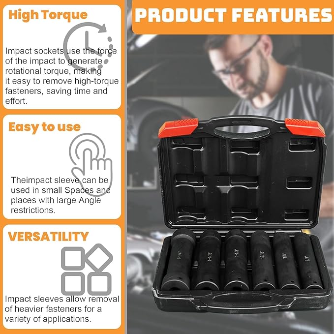 1/2 Inch Drive Extended Length Impact Socket Set, 6 Piece Extra Deep Impact Socket Set, Hex Size 3/4", 7/8", 15/16", 1-1/16", 1-1/8", 1-1/4", for High Torque Use with Case