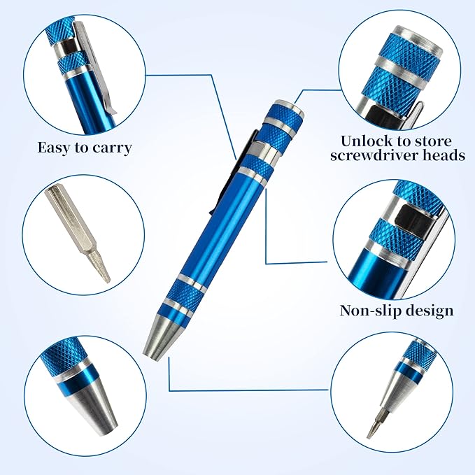 SWATOM 8 in 1 Mini Screwdriver Set Small Screwdrivers Pen Magnetic Repair Tools EDC Compact Precision Gadgets for Computer Eyeglasses Daily Home Improvement Use (Blue&Red+ Magnetizer Tool)