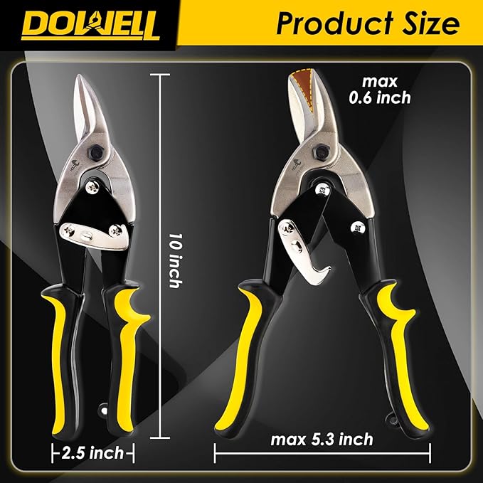DOWELL 10 Inch Aviation Tin Snips Right, Heavy Duty Cut Metal Shears for Sheet Metal, Chrome Vanadium Steel Blade, Ideal for DIY Enthusiasts, Handymen and Industrial Repairs