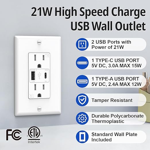 ThunderWay USB Outlet, 15 Amp Wall Outlet with USB Ports, 21W Charging USB C Outlets Receptacles with Type A & Type C Ports, Tamper Resistant, Wall Plate Included, ETL Listed, White, 6 Pack