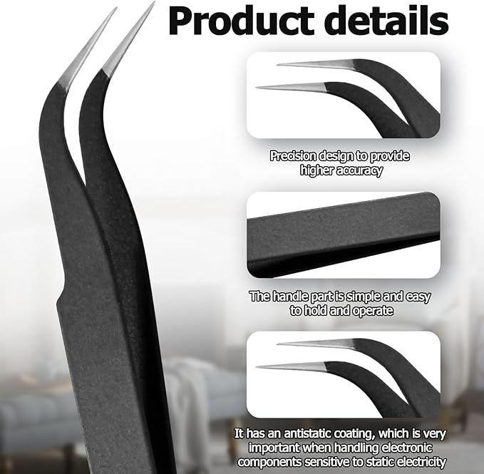10 PCS Precision ESD Tweezers Set - Anti-Static Stainless Steel Tools Kit for Electronics, Jewelry Repair, Soldering, and Crafting Projects