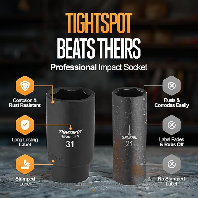 TIGHTSPOT 1/2 Inch Drive 31 mm Deep Impact Socket with Anti-Rounding 6 Point Design, Heat-Treated CRV Steel