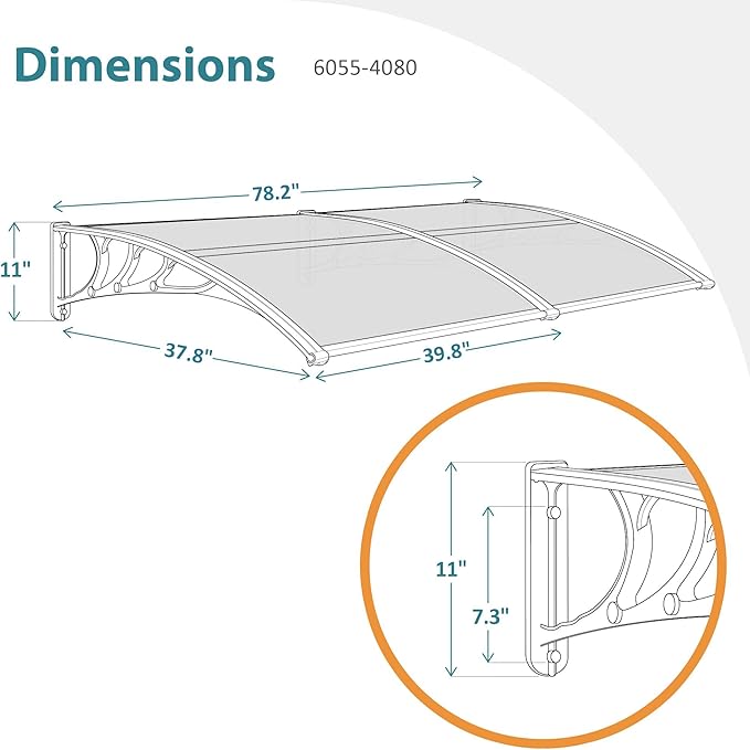 MCombo 78.2" x 37.8" Window Awning Outdoor Polycarbonate Front Door Patio Cover Garden Canopy, 6055-4080(Clear Board with White Bracket)