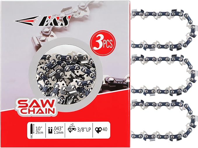 E & S 3 Pack 10 Inch Chainsaw Chain 3/8" LP Pitch .043" Gauge 40 Drive Links Semi-Chisel Chain Saw Chains for Husqvarna, Poulan, Craftsman, Greenworks and More Chainsaw Brands