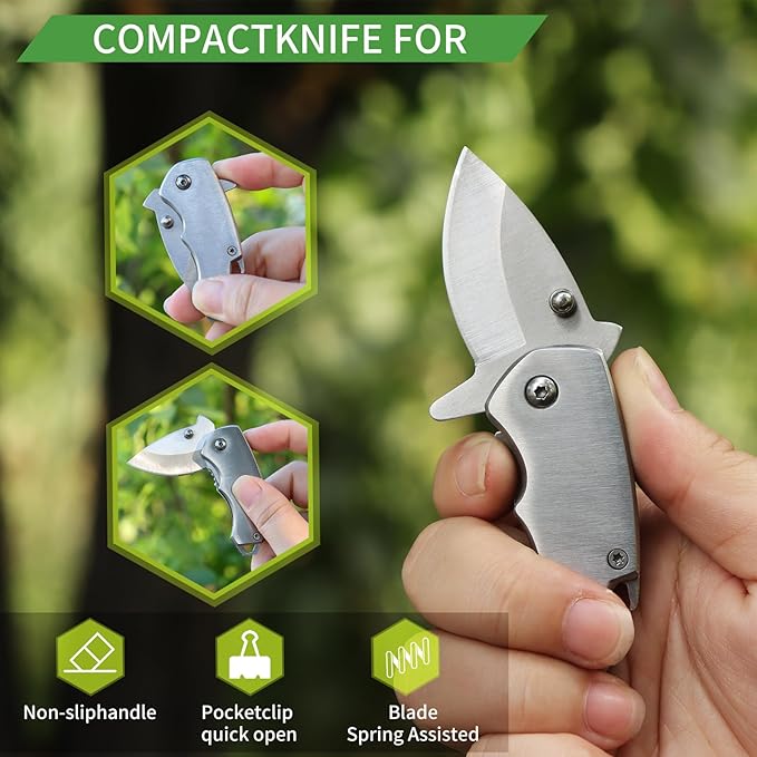 Small Pocket Knife for men, 1.58 Inch Blade, Silver Stainless Steel, Compact Keychain knife with Safety Lock and Clip for Camping, Hiking, Daily Task, Mini Folding Box Cutter EDC Gadgets Tools