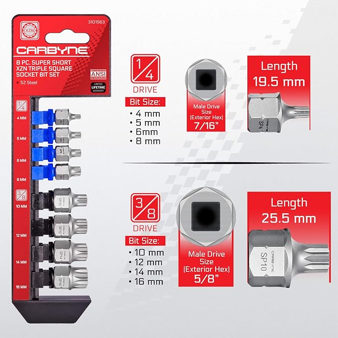 CARBYNE 8-Piece XZN Triple Square Super Short Low Profile Bit Socket Set - 12 Point | 4mm to 16mm, Dual-Drive: Internal Square Drive & External Hex Drive ??From a Family-Run Tool Company in the U.S.