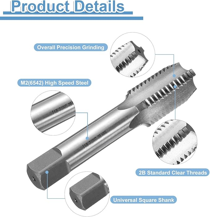 uxcell Hand Bottom Tap 1-1/8-7 UNC 2B Thread Bottoming Style Threading Taps High Speed Steel HSS6542 Straight Flutes Screw Tapping Tool