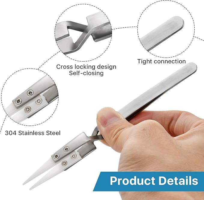 6 Pcs Precision Reverse Ceramic Tweezers Set, Non-Conductive Heat-resistant Electronics Soldering Tweezers Anti-Magnetic Pointed & Curved Tips Tweezers for Solder, Pinching Coils (Silver)