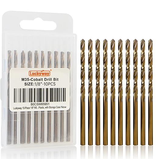 Luckyway 1/8“ M35 Cobalt Drill Bits(10Pcs), Jobber Length Twist Drill Bit Set for Hard Metal, Stainless Steel, Cast Iron, Wood and Plastic, with Storage Case