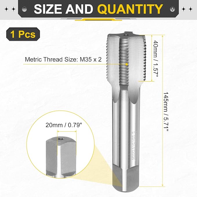 uxcell Hand Plug Tap M35 x 2 H2 Metric Thread Plug Style Taps Straight Flute Screw Tapping Threading Tool High Speed Steel HSS6542