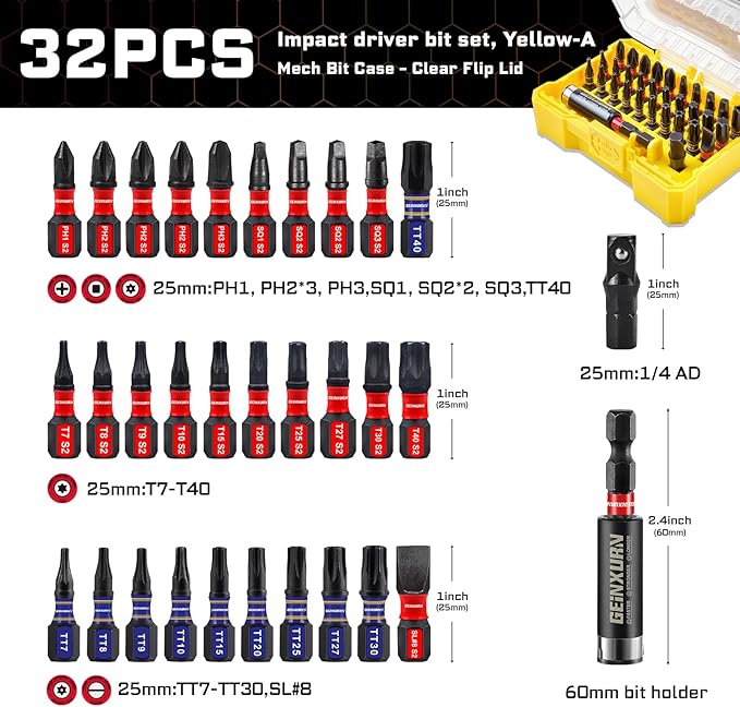 32Pieces Impact Screwdriver Bits Set,S2 Steel Magnetic Phillips/Slotted/Square/Torx Muliti Insert Bits Tips Set with Impact Bit Holder and 1/4?쒾ocket Adapter(Yellow Storage Box Base)