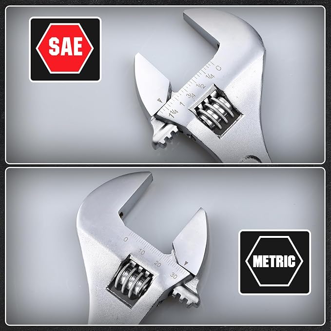 CRAFTZONE Adjustable Wrench Set, 4pc Wrenches Set with SAE and Metric Scales, Heat-Treated Carbon Steel with Chrome Plated, Wide Jaw Wrenches for Home, Plumbing, Garage (6, 8, 10, 12 Inch)