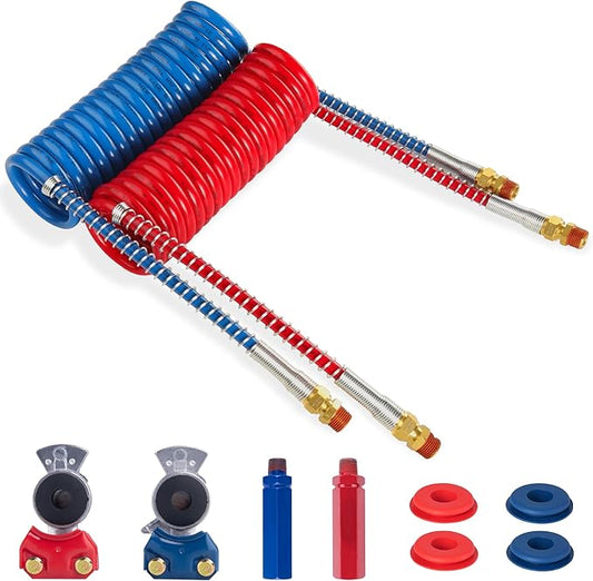 Air Brake Line Hose Coil Assembly Coiled Set 15 FT Air Lines Semi Truck Trailer Hoses,1/2" NPT DOT Fittings with Glad Hands & Grips & Rubber Seals (15' Length x 12" Tractor Lead)