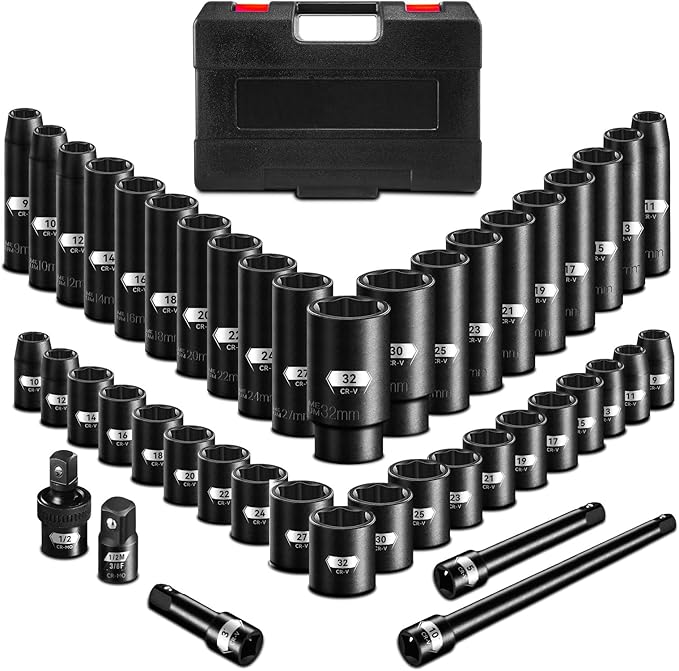 45PCS 1/2??Drive Metric Impact Socket Set, pgroup Deep & Shallow Socket Set with Extension Bars, Adapter and Universal Joint, Size 9-32mm, 6-Point Design, Chrome Vanadium Steel, Includes Storage Case