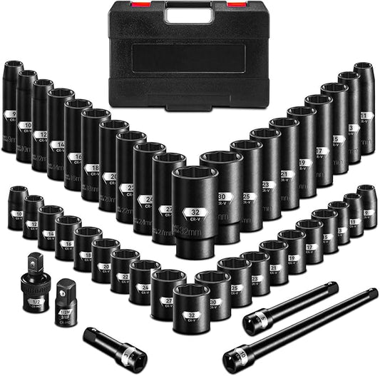 45PCS 1/2??Drive Metric Impact Socket Set, pgroup Deep & Shallow Socket Set with Extension Bars, Adapter and Universal Joint, Size 9-32mm, 6-Point Design, Chrome Vanadium Steel, Includes Storage Case