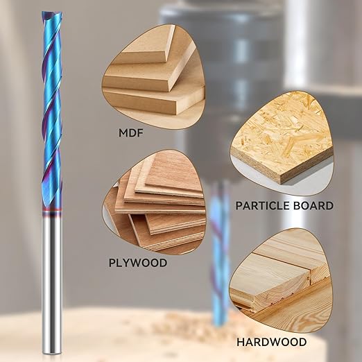 HQMaster Extra Long Spiral Router Bit Upcut 1/4 Inch Shank Solid Carbide CNC Router Bit with Nano Blue Coating CNC Bits End Mill for Woodwork Mortise Slot Trim