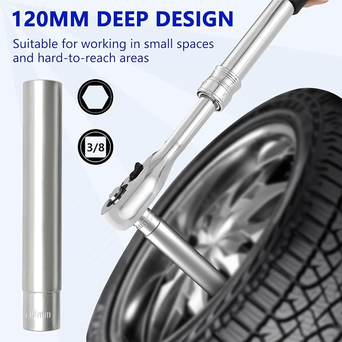 ZKTOOL 5PC Deep Metrichex Socket Set, 3/8-Inch Drive Deep Metric Socket Set 8-10-12-13-14MM - Extra Long Deep 120MM