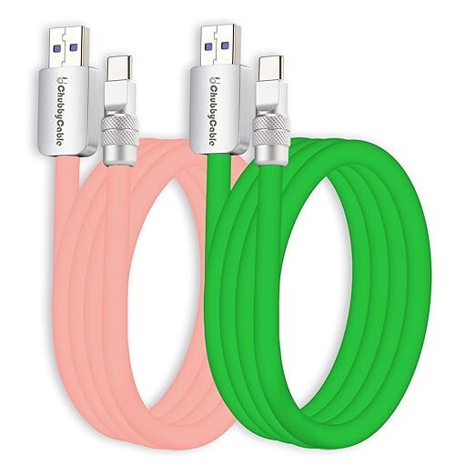 chubbycable Couple Chubby 2-Pack 120W USB C Cable Extra Thick Silicone Fast Charging Cable Compatible with iPhone 17-15 Series iPad Galaxy Series, Pink+Green, USB-A to Type-C, 19.6FT