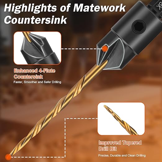Countersink Drill Bit Set, Matework 11 PCS Counter Sink Drill Bit for Wood, Upgrade 4-Flute #4, #6, #8, #10, #12, Adjustable Depth M2 Cobalt HSS Wood Drill Bit Set with 1/4" Hex Shank and Storage Box