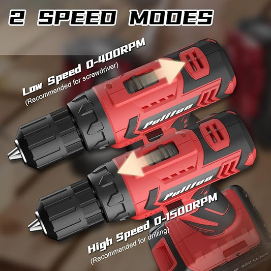 PULITUO Cordless Drill Set, 20V Electric Power Drill with Battery And Charger, 30N.m and 21+1 Torque, 2 Variable Speeds, with 59pcs Drill Driver Bits Kit, Screws Set竊?Red)