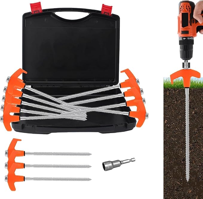 8" Tent Stakes Heavy Duty 12 Pack, Screw in Tent Stakes, Metal Threaded Camping Stakes, Ground Anchors for Canopies, Gardening, Christmas Yard Stakes for Inflatables, with Storage Box and Hex Socket