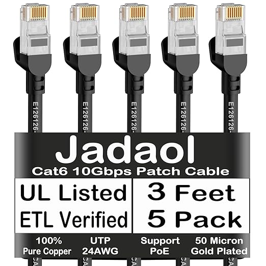 Jadaol Cat6 Ethernet Patch Cables 3ft 5-Pack, 10Gbps 24AWG Pure Copper RJ45 Cat6a Patch Cable, Support Cat8/7 Network, Outdoor&Indoor Rated for Patch Panel to Switch, Server, Router, Modem, PC - Black