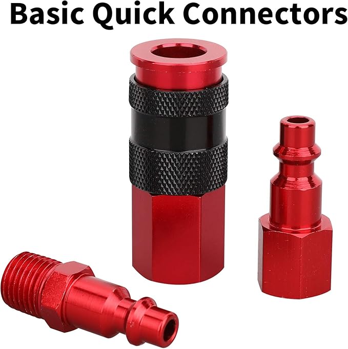Hromee 1/4 in x 25 ft Polyurethane Recoil Air Hose with Bend Restrictors Compressor Hose with 1/4" Industrial Universal Quick Coupler and I/M Plug Kit, Red