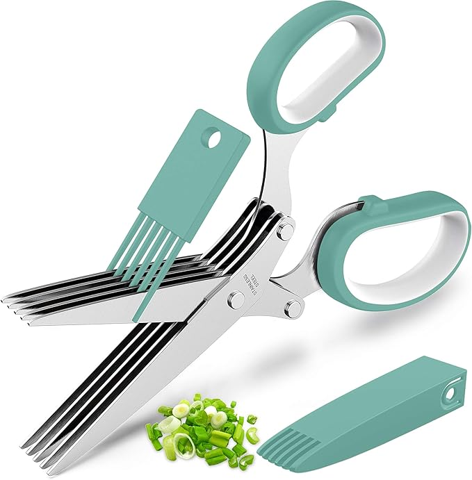 Fun Unique Kitchen Gadgets: Herb Scissors Set - Updated 2025 Cool Kitchen Tools for Cutting Fresh Garden Herbs - Sharp 5-Blade Shears with Cover, Anti-Rust Stainless Steel, Dishwasher Safe (Blue)