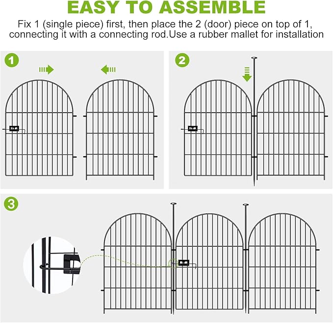 ADAVIN Garden Fence Animal Barrier with Gate 40 in(H)횞26.2 Ft(L) 12 Panels,Rustproof Metal Wire Tall Fencing Border for Dogs Rabbits,Outdoor no dig pet Fences,Black Flower Edging for Yard,Arched