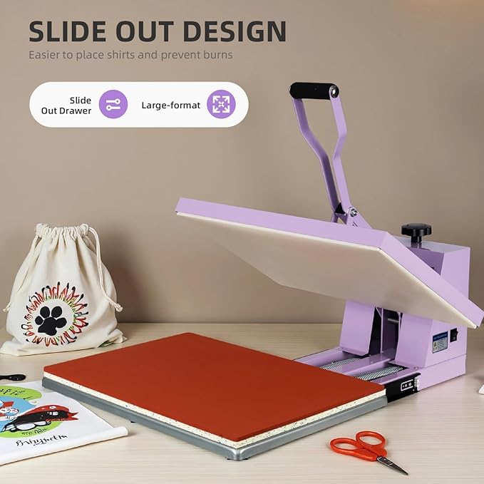 Heat Press 16x24 in, Manual Heat Press Machine for T Shirts, Swing Away T Shirt Pressing Machine for Garments Bag Textile Curtain Mousepad, with Slide-Out Base, Purple