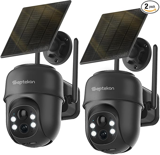 Septekon 2K Solar Security Cameras Wireless Outdoor 2 Pack, 360째PTZ Battery Powered Outdoor Camera, 2.4G WiFi Camera with Spotlight Color Night Vision, Motion Sensor Alarm, IP66, Black