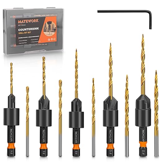 Countersink Drill Bit Set, Matework 11 PCS Counter Sink Drill Bit for Wood, Upgrade 4-Flute #4, #6, #8, #10, #12, Adjustable Depth M2 Cobalt HSS Wood Drill Bit Set with 1/4" Hex Shank and Storage Box